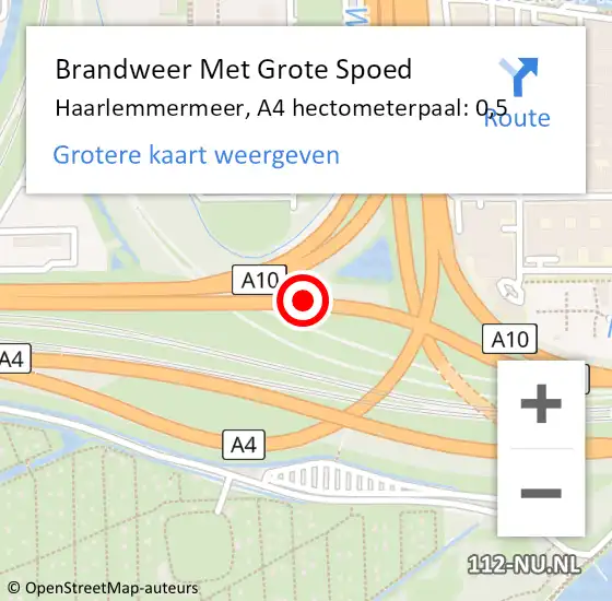 Locatie op kaart van de 112 melding: Brandweer Met Grote Spoed Naar Haarlemmermeer, A4 hectometerpaal: 0,5 op 14 november 2021 06:07