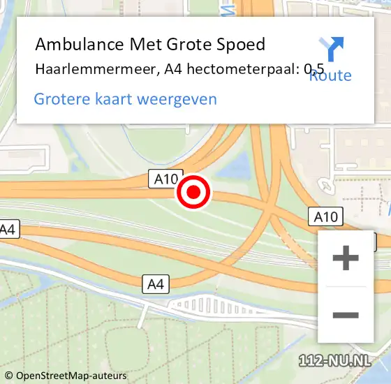 Locatie op kaart van de 112 melding: Ambulance Met Grote Spoed Naar Haarlemmermeer, A4 hectometerpaal: 0,5 op 14 november 2021 06:09