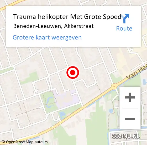 Locatie op kaart van de 112 melding: Trauma helikopter Met Grote Spoed Naar Beneden-Leeuwen, Akkerstraat op 14 november 2021 06:49