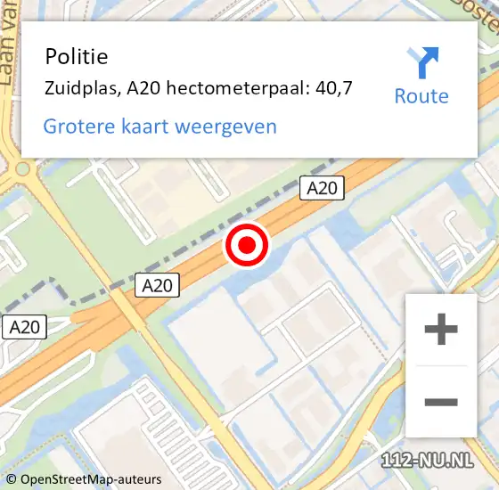 Locatie op kaart van de 112 melding: Politie Zuidplas, A20 hectometerpaal: 40,7 op 14 november 2021 08:58