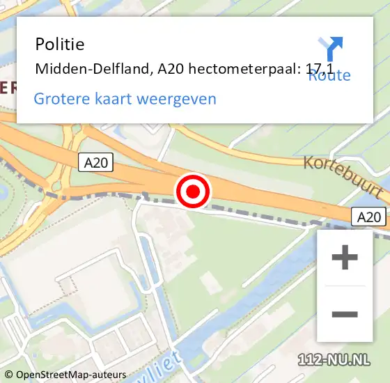 Locatie op kaart van de 112 melding: Politie Midden-Delfland, A20 hectometerpaal: 17,1 op 14 november 2021 13:30