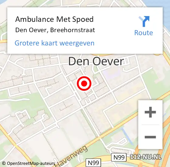 Locatie op kaart van de 112 melding: Ambulance Met Spoed Naar Den Oever, Breehornstraat op 14 november 2021 14:32