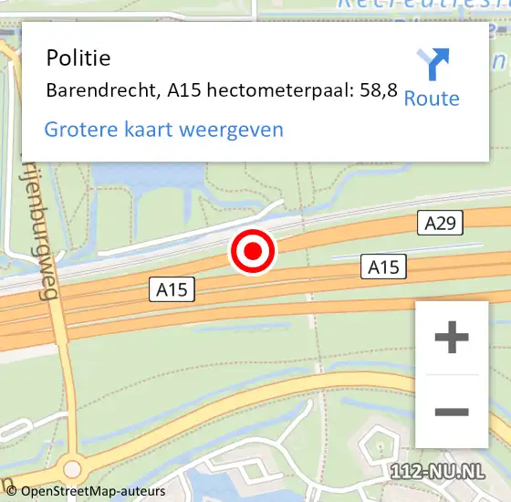 Locatie op kaart van de 112 melding: Politie Barendrecht, A15 hectometerpaal: 58,8 op 14 november 2021 14:42