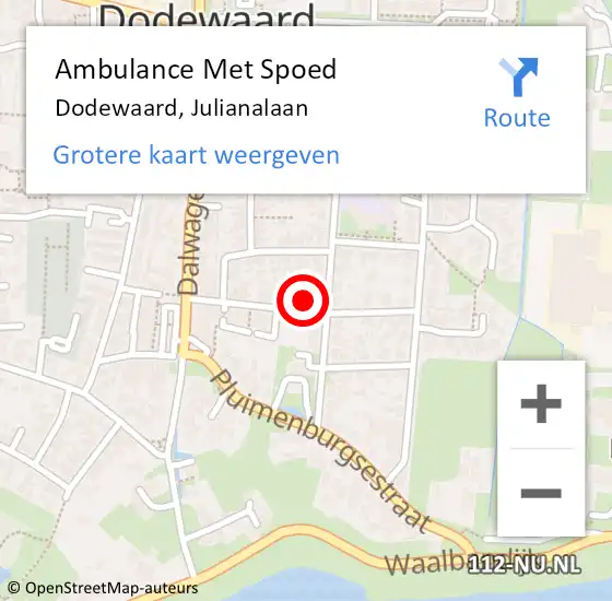 Locatie op kaart van de 112 melding: Ambulance Met Spoed Naar Dodewaard, Julianalaan op 14 november 2021 15:22
