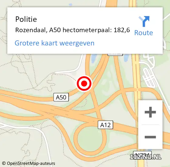 Locatie op kaart van de 112 melding: Politie Rozendaal, A50 hectometerpaal: 182,6 op 14 november 2021 15:44