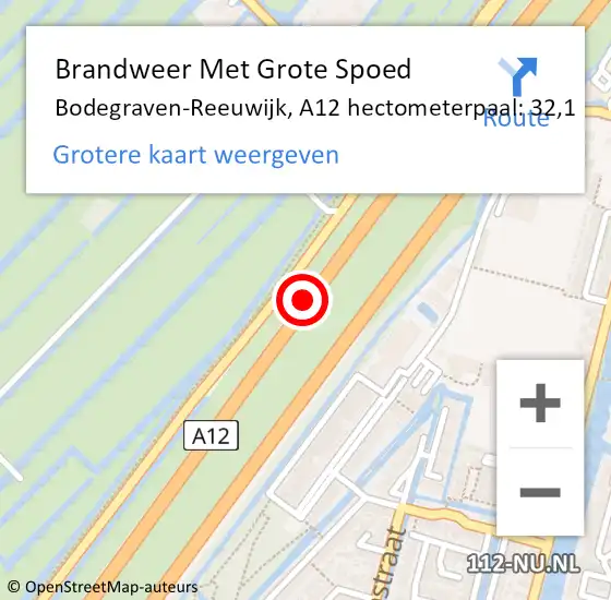 Locatie op kaart van de 112 melding: Brandweer Met Grote Spoed Naar Bodegraven-Reeuwijk, A12 hectometerpaal: 32,1 op 14 november 2021 16:24