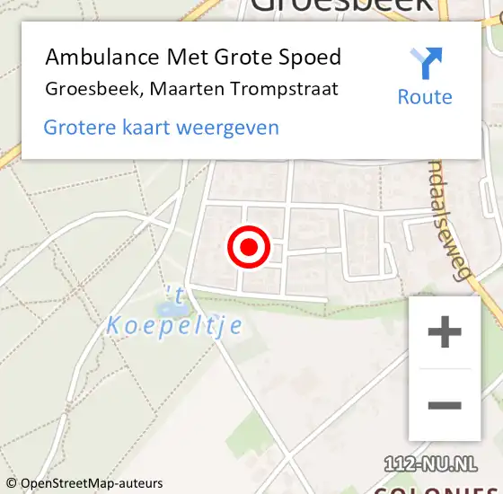 Locatie op kaart van de 112 melding: Ambulance Met Grote Spoed Naar Groesbeek, Maarten Trompstraat op 14 november 2021 18:03