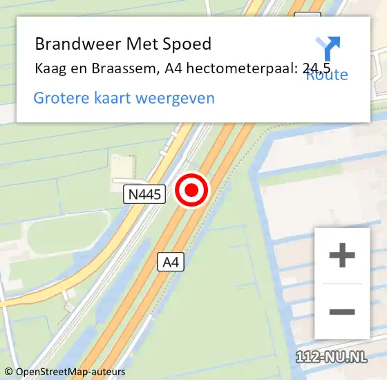 Locatie op kaart van de 112 melding: Brandweer Met Spoed Naar Kaag en Braassem, A4 hectometerpaal: 24,5 op 14 november 2021 22:53