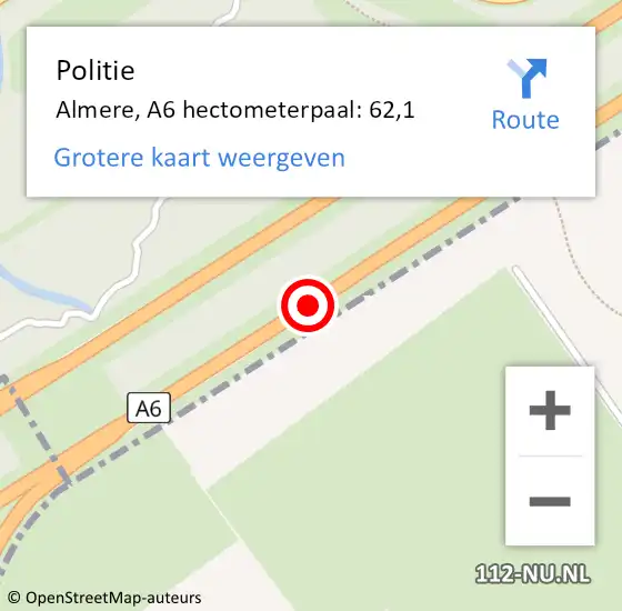 Locatie op kaart van de 112 melding: Politie Almere, A6 hectometerpaal: 62,1 op 15 november 2021 07:50