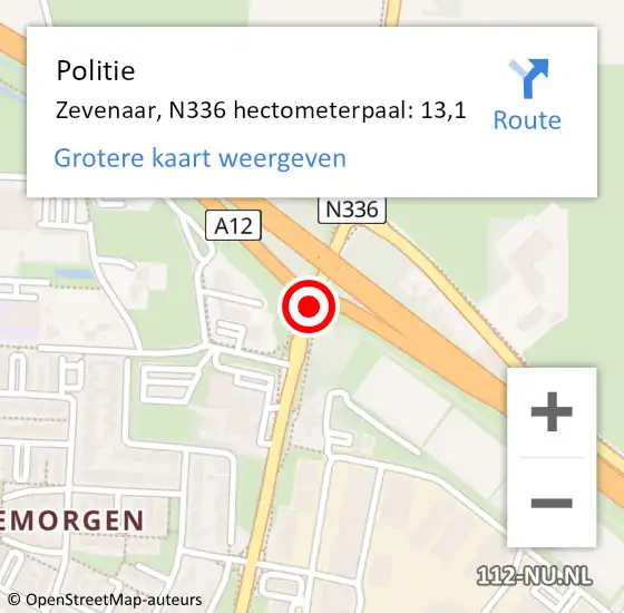 Locatie op kaart van de 112 melding: Politie Zevenaar, N336 hectometerpaal: 13,1 op 15 november 2021 10:17