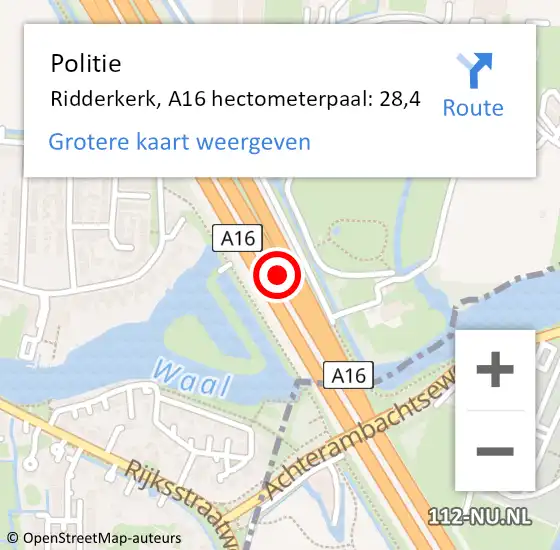 Locatie op kaart van de 112 melding: Politie Ridderkerk, A16 hectometerpaal: 28,4 op 15 november 2021 11:05