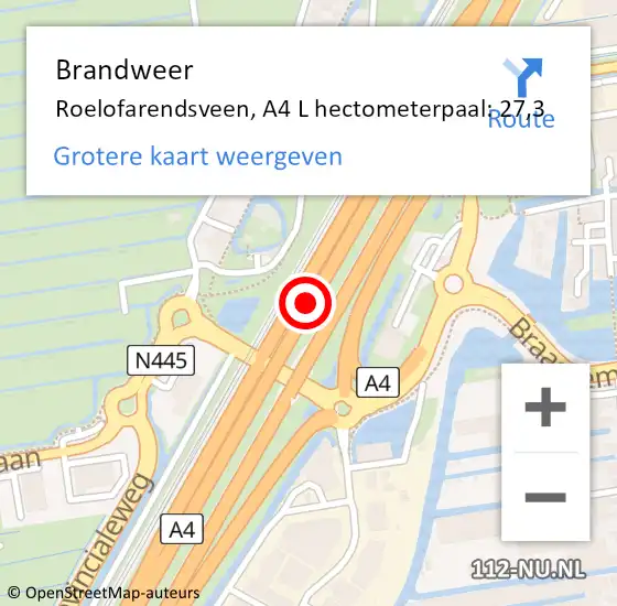 Locatie op kaart van de 112 melding: Brandweer Roelofarendsveen, A4 R hectometerpaal: 23,5 op 29 juni 2014 12:41