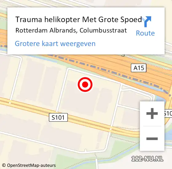 Locatie op kaart van de 112 melding: Trauma helikopter Met Grote Spoed Naar Rotterdam Albrands, Columbusstraat op 15 november 2021 15:42