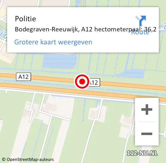 Locatie op kaart van de 112 melding: Politie Bodegraven-Reeuwijk, A12 hectometerpaal: 36,2 op 15 november 2021 15:50