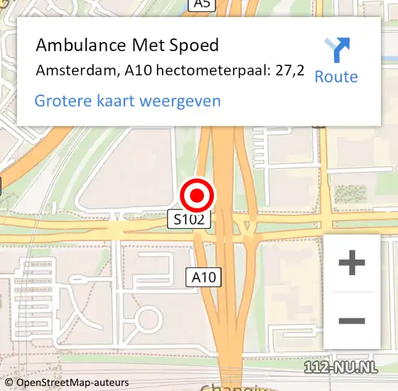 Locatie op kaart van de 112 melding: Ambulance Met Spoed Naar Amsterdam, A10 hectometerpaal: 27,2 op 15 november 2021 16:51