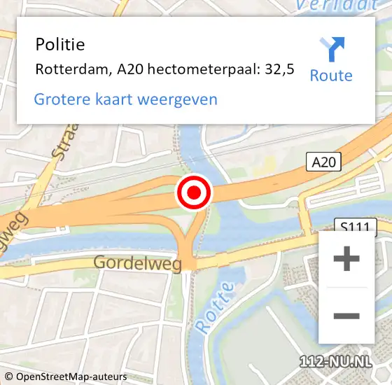 Locatie op kaart van de 112 melding: Politie Rotterdam, A20 hectometerpaal: 32,5 op 15 november 2021 17:15