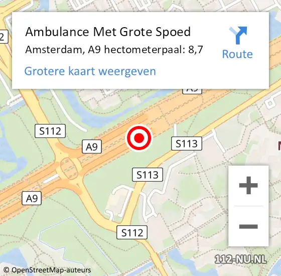 Locatie op kaart van de 112 melding: Ambulance Met Grote Spoed Naar Amsterdam, A9 hectometerpaal: 8,7 op 15 november 2021 19:26