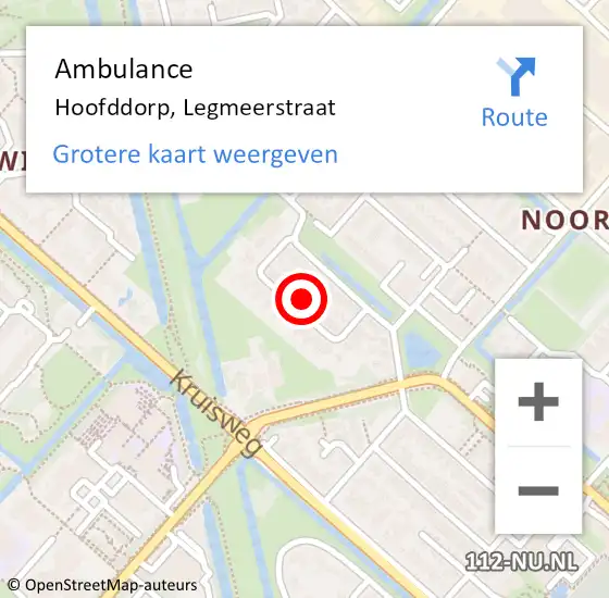 Locatie op kaart van de 112 melding: Ambulance Hoofddorp, Legmeerstraat op 15 november 2021 22:24