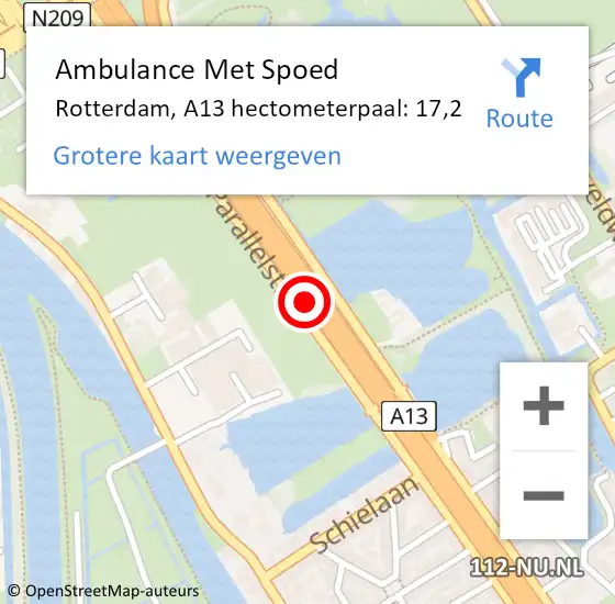 Locatie op kaart van de 112 melding: Ambulance Met Spoed Naar Rotterdam, A13 hectometerpaal: 17,2 op 15 november 2021 22:32