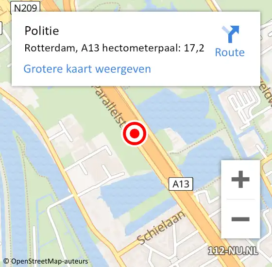 Locatie op kaart van de 112 melding: Politie Rotterdam, A13 hectometerpaal: 17,2 op 15 november 2021 22:34