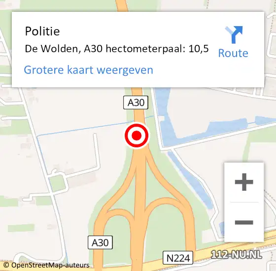Locatie op kaart van de 112 melding: Politie De Wolden, A30 hectometerpaal: 10,5 op 16 november 2021 00:14