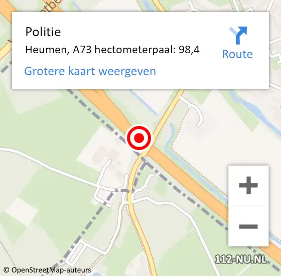 Locatie op kaart van de 112 melding: Politie Heumen, A73 hectometerpaal: 98,4 op 16 november 2021 07:39