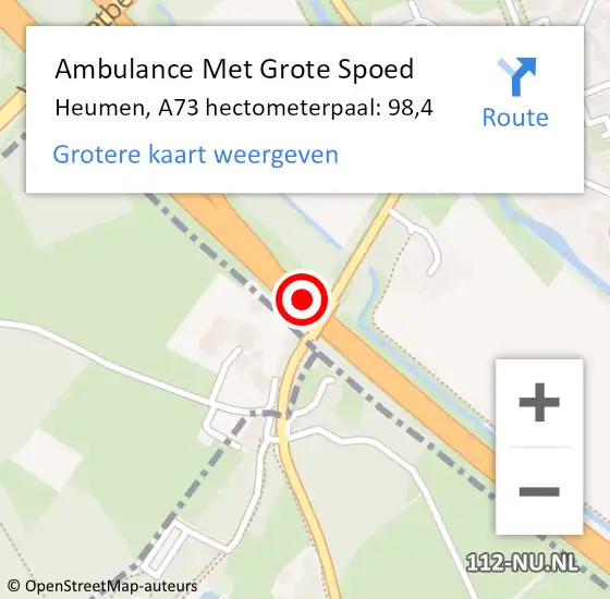 Locatie op kaart van de 112 melding: Ambulance Met Grote Spoed Naar Heumen, A73 hectometerpaal: 98,4 op 16 november 2021 07:42