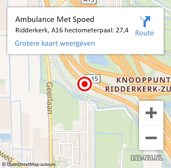 Locatie op kaart van de 112 melding: Ambulance Met Spoed Naar Ridderkerk, A16 hectometerpaal: 27,4 op 16 november 2021 07:59