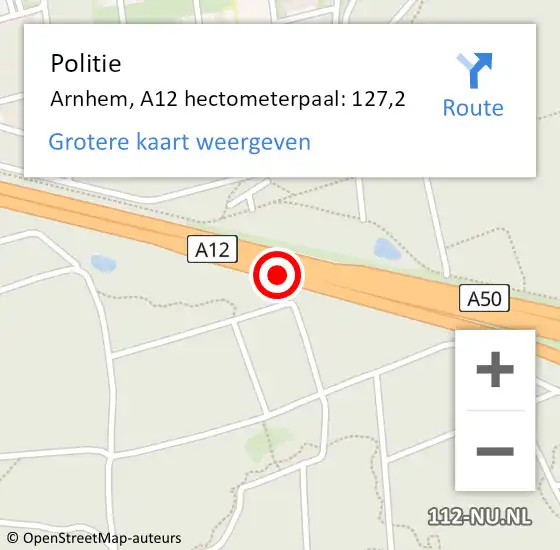 Locatie op kaart van de 112 melding: Politie Arnhem, A12 hectometerpaal: 127,2 op 16 november 2021 08:05