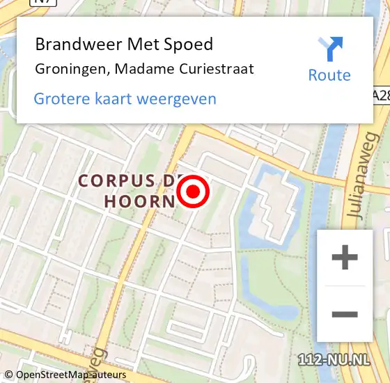 Locatie op kaart van de 112 melding: Brandweer Met Spoed Naar Groningen, Madame Curiestraat op 16 november 2021 08:29