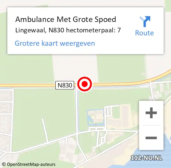 Locatie op kaart van de 112 melding: Ambulance Met Grote Spoed Naar Lingewaal, N830 hectometerpaal: 7 op 16 november 2021 08:32