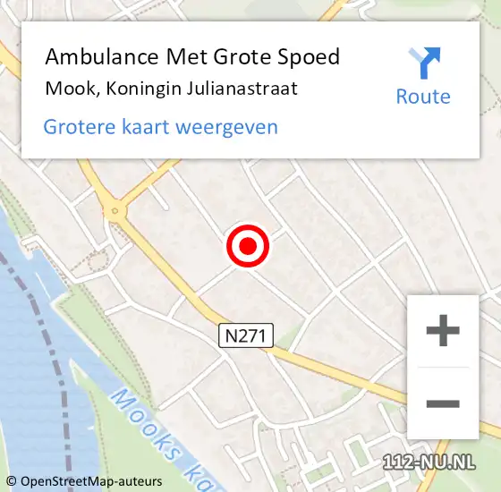 Locatie op kaart van de 112 melding: Ambulance Met Grote Spoed Naar Mook, Koningin Julianastraat op 16 november 2021 10:18