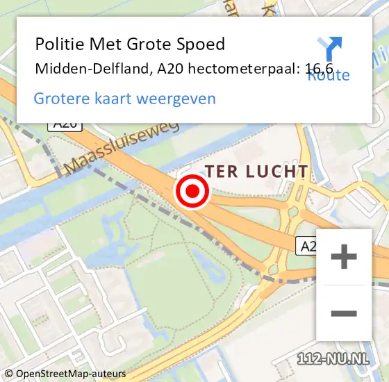 Locatie op kaart van de 112 melding: Politie Met Grote Spoed Naar Midden-Delfland, A20 hectometerpaal: 16,6 op 16 november 2021 12:06