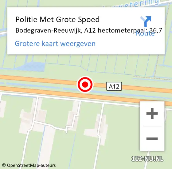 Locatie op kaart van de 112 melding: Politie Met Grote Spoed Naar Bodegraven-Reeuwijk, A12 hectometerpaal: 36,7 op 16 november 2021 12:39