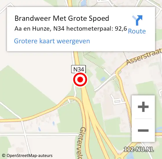 Locatie op kaart van de 112 melding: Brandweer Met Grote Spoed Naar Aa en Hunze, N34 hectometerpaal: 92,6 op 16 november 2021 16:55