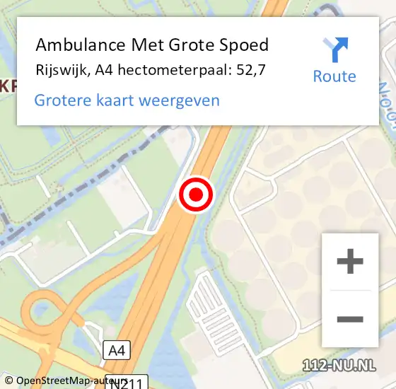 Locatie op kaart van de 112 melding: Ambulance Met Grote Spoed Naar Rijswijk, A4 hectometerpaal: 52,7 op 16 november 2021 18:12