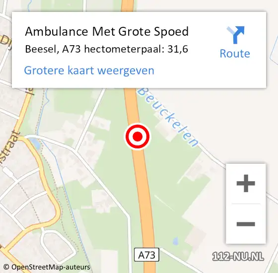 Locatie op kaart van de 112 melding: Ambulance Met Grote Spoed Naar Beesel, A73 hectometerpaal: 31,6 op 16 november 2021 19:04