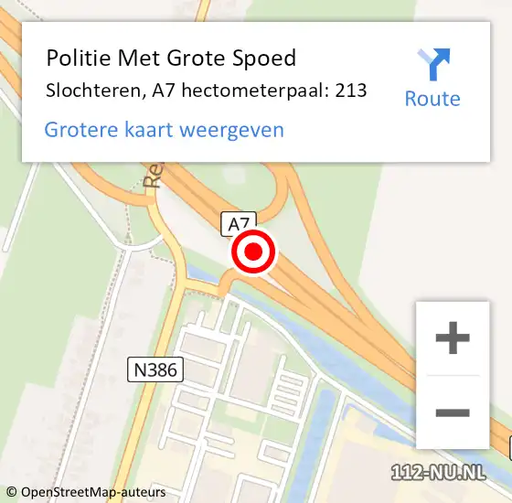 Locatie op kaart van de 112 melding: Politie Met Grote Spoed Naar Slochteren, A7 hectometerpaal: 213 op 16 november 2021 19:39