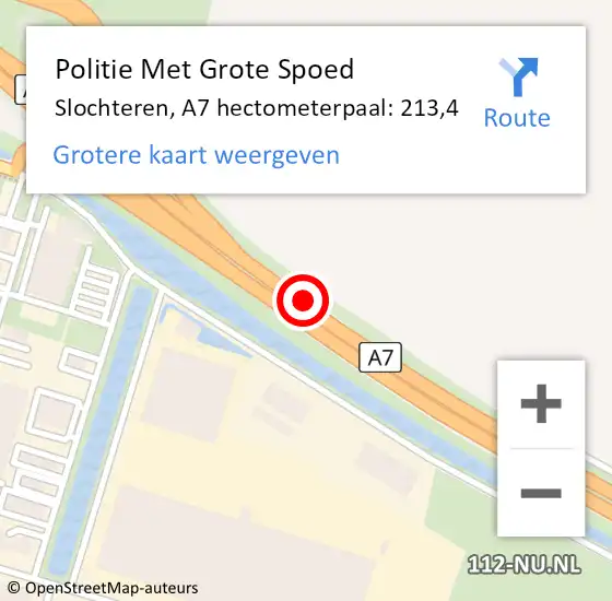 Locatie op kaart van de 112 melding: Politie Met Grote Spoed Naar Slochteren, A7 hectometerpaal: 213,4 op 16 november 2021 20:04