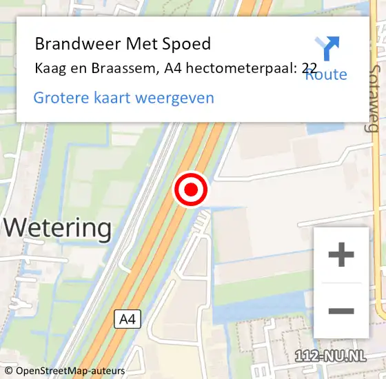 Locatie op kaart van de 112 melding: Brandweer Met Spoed Naar Kaag en Braassem, A4 hectometerpaal: 22 op 16 november 2021 21:50