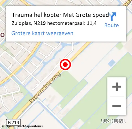 Locatie op kaart van de 112 melding: Trauma helikopter Met Grote Spoed Naar Zuidplas, N219 hectometerpaal: 11,4 op 17 november 2021 04:42