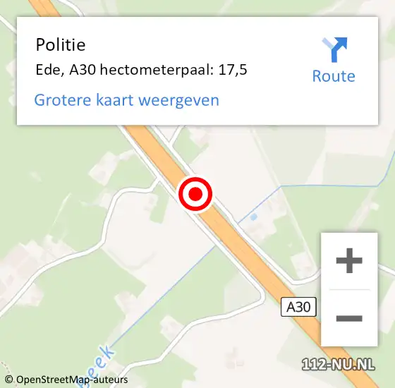 Locatie op kaart van de 112 melding: Politie Ede, A30 hectometerpaal: 17,5 op 17 november 2021 08:54