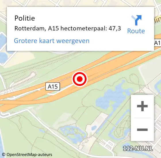 Locatie op kaart van de 112 melding: Politie Rotterdam, A15 hectometerpaal: 47,3 op 17 november 2021 09:43
