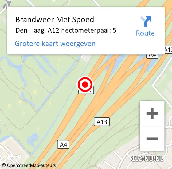 Locatie op kaart van de 112 melding: Brandweer Met Spoed Naar Den Haag, A12 hectometerpaal: 5 op 17 november 2021 10:14