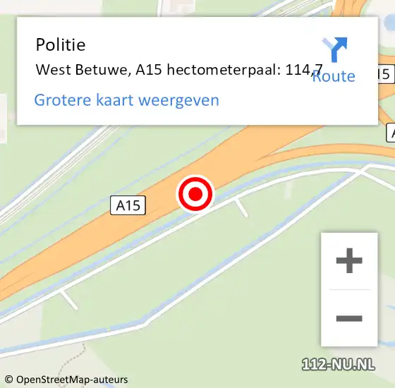 Locatie op kaart van de 112 melding: Politie Geldermalsen, A15 hectometerpaal: 114,7 op 17 november 2021 10:15