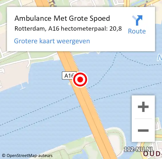 Locatie op kaart van de 112 melding: Ambulance Met Grote Spoed Naar Rotterdam, A16 hectometerpaal: 20,8 op 17 november 2021 12:55