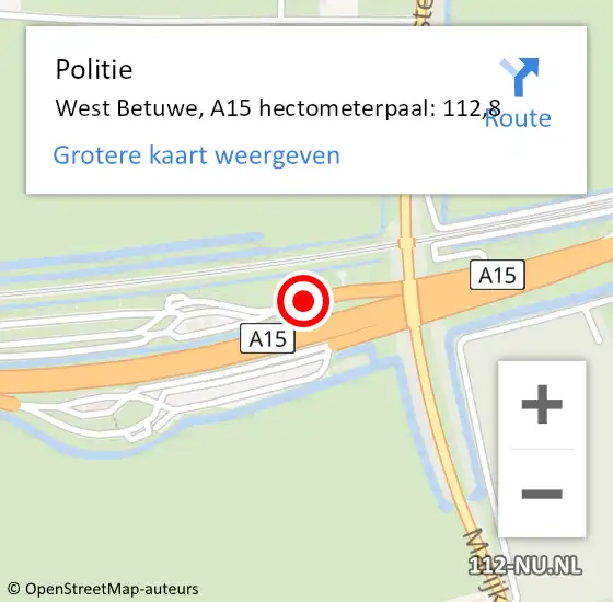 Locatie op kaart van de 112 melding: Politie Neerijnen, A15 hectometerpaal: 112,8 op 17 november 2021 12:57