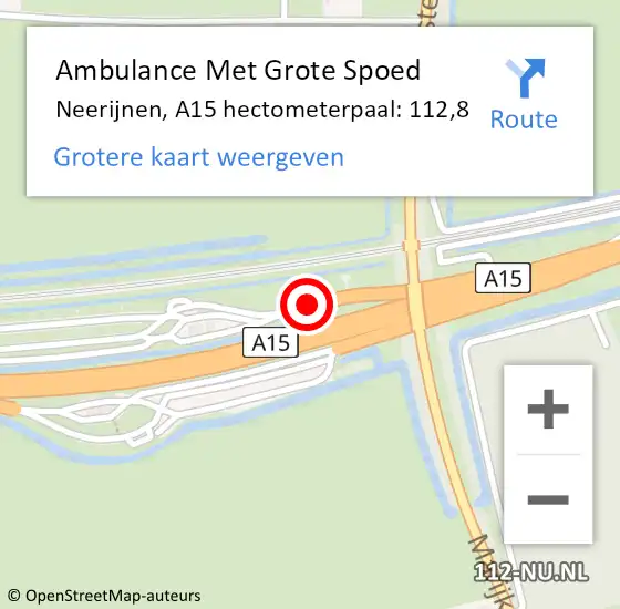 Locatie op kaart van de 112 melding: Ambulance Met Grote Spoed Naar Neerijnen, A15 hectometerpaal: 112,8 op 17 november 2021 12:58