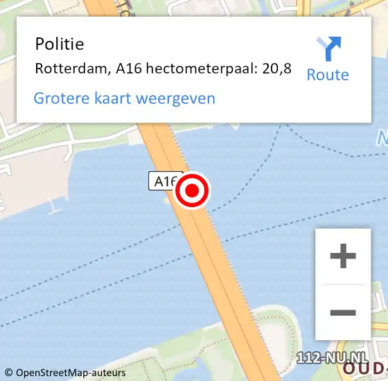 Locatie op kaart van de 112 melding: Politie Rotterdam, A16 hectometerpaal: 20,8 op 17 november 2021 13:00