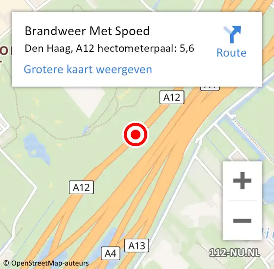 Locatie op kaart van de 112 melding: Brandweer Met Spoed Naar Den Haag, A12 hectometerpaal: 5,6 op 17 november 2021 13:05